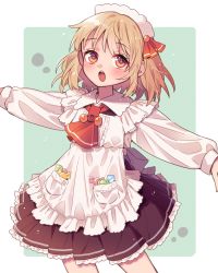 Rule 34 | 1girl, :o, ascot, blonde hair, blue background, blush, candy, commentary request, eyelashes, food, frills, long sleeves, looking at viewer, maid headdress, open mouth, orange eyes, outside border, outstretched arms, red ascot, rumia, short hair, simple background, solo, teeth, touhou, touya (konpekitou), upper teeth only