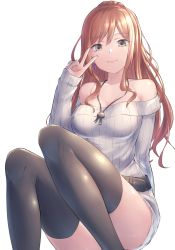 Rule 34 | 1girl, arm behind back, bang dream!, bare shoulders, belt, black belt, black thighhighs, breasts, brown hair, closed mouth, collarbone, commentary request, convenient leg, dress, earrings, feet out of frame, fingernails, grey eyes, grey sweater, half updo, hand up, highres, imai lisa, jewelry, knees up, long hair, long sleeves, looking at viewer, medium breasts, nail polish, necklace, off-shoulder sweater, off shoulder, pendant, pink nails, rabbit earrings, ribbed sweater, saikuu, sidelocks, simple background, sitting, sleeves past wrists, smile, solo, sweater, sweater dress, thighhighs, v, wavy hair, white background