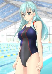 Rule 34 | 1girl, absurdres, alternate costume, aqua eyes, aqua hair, black one-piece swimsuit, breasts, competition swimsuit, hair ornament, hairclip, highres, indoors, kantai collection, long hair, looking at viewer, medium breasts, multicolored clothes, multicolored swimsuit, one-piece swimsuit, parted lips, pool, smile, solo, suzuya (kancolle), swimsuit, takafumi