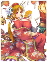 Rule 34 | 1girl, bell, blonde hair, blush, breasts, closed mouth, flower, folding fan, from side, hair ornament, hair stick, hand fan, hat, hisho collection, japanese clothes, jingle bell, kettle, kimono, lampion, large breasts, lily (flower), long hair, long sleeves, looking at viewer, looking to the side, official art, red eyes, sitting, smile, solo, toshi, wide sleeves