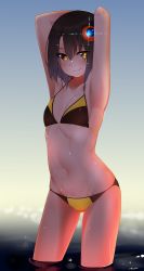 Rule 34 | 1girl, arms behind head, arms up, artist name, bad id, bad pixiv id, bikini, black hair, blue sky, blurry, blurry background, breasts, clear sky, closed mouth, commentary, cowboy shot, day, depth of field, diffraction spikes, english commentary, english text, hair ornament, highres, looking at viewer, navel, ocean, original, outdoors, short hair, signature, skindentation, sky, small breasts, smile, solo, standing, string bikini, swimsuit, wading, warashi, wet, yellow bikini, yellow eyes