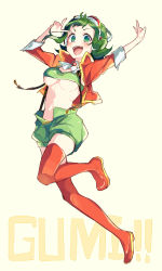Rule 34 | 1girl, :d, absurdres, antenna hair, arms up, ascot, boots, breasts, character name, commentary request, double v, full body, goggles, goggles on head, green eyes, green hair, green shorts, green sports bra, gumi, gumi (v3 megpoid), highres, jacket, leg lift, looking at viewer, medium breasts, nou (nounknown), open mouth, orange footwear, orange jacket, short hair with long locks, shorts, smile, solo, sports bra, stomach, suspender shorts, suspenders, thigh boots, thighhighs, underboob, v, v-shaped eyebrows, vocaloid, white ascot, yellow background