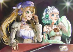 Rule 34 | 2girls, 414 mei4, blonde hair, blue eyes, blue hat, breasts, character name, cleavage, commentary, cropped jacket, cup, detached sleeves, dokibird (vtuber), english commentary, fingerless gloves, gamer supps, gloves, gradient hair, green eyes, green hair, green sleeves, grey jacket, hand up, hat, headset, indie virtual youtuber, jacket, long hair, maid headdress, mint fantome, mixed-language commentary, multicolored hair, multiple girls, open mouth, sleeves past fingers, sleeves past wrists, smile, spanish commentary, teeth, triangular headpiece, twintails, upper body, virtual youtuber, wavy hair, white hair