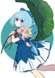Rule 34 | 1girl, absurdres, blue bow, blue dress, blue eyes, blue hair, blue sleeves, bow, cirno, closed mouth, collar, collared dress, dress, eyes visible through hair, flower, green background, hair between eyes, hands up, highres, ice, ice wings, leaf, looking at viewer, pink flower, red neckwear, shocho (shaojiujiu), short hair, short sleeves, simple background, smile, solo, teeth, touhou, white background, wings