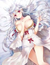 Rule 34 | 1girl, ahoge, bare shoulders, breasts, dress, hand on own chest, highres, kasukabe akira, large breasts, long hair, lying, navel, on back, ore no pet wa seijo-sama, red eyes, scan, silver hair, smile, solo, very long hair, white dress