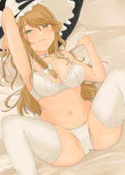 Rule 34 | 1girl, arm up, armpits, bare shoulders, black hat, blonde hair, bow, braid, breasts, cameltoe, choker, cleavage, clenched teeth, commentary request, green eyes, hair bow, hair ribbon, hand up, hat, hat bow, highres, kirisame marisa, large breasts, long hair, looking at viewer, lying, m legs, mole, navel, necro (nekurodayo), on back, on bed, parted lips, ribbon, side braid, single braid, solo, spread legs, sweat, swept bangs, teeth, thighhighs, touhou, tress ribbon, underwear, underwear only, very long hair, white bow, white choker, white thighhighs, witch hat