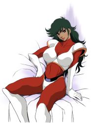 Rule 34 | 1970s (style), bed, bodysuit, breasts, commentary request, dark-skinned female, dark skin, feet out of frame, gloves, great mazinger, great mazinger (robot), green hair, highres, honoo jun, large breasts, long hair, mazinger (series), multicolored bodysuit, multicolored clothes, oldschool, on bed, pilot suit, pink lips, red bodysuit, red eyes, retro artstyle, sabachiyo land, skin tight, white background, white gloves