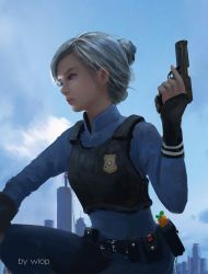 Rule 34 | 1girl, artist name, belt, blue eyes, bulletproof vest, carrot, gun, handgun, highres, holding, holding gun, holding weapon, judy hopps, left-handed, parted lips, personification, pistol, police, police badge, police uniform, policewoman, silver hair, solo, trigger discipline, uniform, weapon, wlop, zootopia