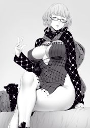 Rule 34 | 1girl, breasts, cleavage, cropped jacket, dress, fate/grand order, fate (series), glasses, greyscale, highres, jacket, jacques de molay (foreigner) (fate), large breasts, long sleeves, looking at viewer, monochrome, nakamura regura, open clothes, open jacket, short dress, short hair, thighs
