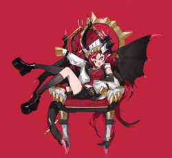 Rule 34 | + +, 1girl, arm up, bare shoulders, belt, black footwear, black hair, black horns, black tail, black thighhighs, black wings, bow, chair, choker, demon girl, demon horns, demon tail, demon wings, earrings, fangs, hat, highres, horns, horns through headwear, jewelry, long hair, mole, mole on arm, multicolored hair, navel, necktie, open mouth, original, orihira, pointy ears, red background, red bow, red eyes, red hair, red necktie, simple background, sitting, sleeves past fingers, sleeves past wrists, smile, solo, studded belt, symbol-shaped pupils, tail, thighhighs, throne, very long hair, white hat, wings