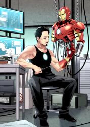 Rule 34 | 1boy, animification, arc reactor, armor, bare shoulders, black footwear, black hair, black pants, black tank top, brown eyes, cable, chain, chair, closed mouth, collarbone, cup, facial hair, floor, hands up, holding, holding screwdriver, holographic monitor, indoors, iron man, iron man (series), male focus, marvel, marvel cinematic universe, multicolored armor, muscular, muscular male, pants, power armor, red armor, screwdriver, shoes, short hair, sitting, solo, steam, table, tank top, tony stark, yellow armor, yukko93