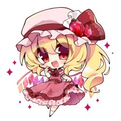 Rule 34 | 1girl, :d, belt, belt buckle, blonde hair, bow, bowtie, buckle, chibi, clothes lift, commentary, crystal wings, dress, dress lift, fang, flandre scarlet, food, food print, frilled dress, frills, fruit, full body, gem, hand up, hat, hat bow, hat ribbon, highres, holding, holding food, holding fruit, layered dress, looking at viewer, misosiru 0224, mob cap, open mouth, print dress, red belt, red bow, red bowtie, red dress, red eyes, red gemstone, red ribbon, ribbon, side ponytail, simple background, smile, socks, solo, sparkle, strawberry, strawberry print, touhou, white background, white hat, white socks, wings