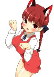Rule 34 | 1girl, alternate costume, animal ears, apron, bad id, bare legs, black hat, bow, braid, breasts, cat ears, cosplay, extra ears, fang, gegege no kitarou, hair bow, hat, highres, kaenbyou rin, kyokutou hentai samurai, large breasts, looking at viewer, nekomusume (cosplay), open mouth, paw pose, pointy ears, red eyes, red hair, school uniform, simple background, smile, solo, standing, touhou, twin braids, twintails, white background