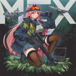 Rule 34 | 1girl, assault rifle, binoculars, black thighhighs, blue jacket, breasts, commission, drone, eyewear on head, girls&#039; frontline, gun, highres, holding, holding binoculars, holding gun, holding weapon, jacket, kneeling, large breasts, long hair, long sleeves, magazine (weapon), mole, mole under eye, on one knee, open clothes, open jacket, orange goggles, persocon93, pink hair, pixiv commission, red eyes, rifle, safety glasses, scope, sig mcx (girls&#039; frontline), sig sauer, sig mcx, solo, thigh strap, thighhighs, weapon