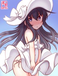 Rule 34 | 1girl, :3, akatsuki (kancolle), alternate costume, artist logo, black hair, blue background, commentary request, cowboy shot, dated, dress, frilled dress, frills, gradient background, grey eyes, hat, kanon (kurogane knights), kantai collection, looking at viewer, one-hour drawing challenge, panties, side-tie panties, solo, standing, sun hat, sundress, underwear, white dress, white hat, white panties