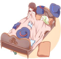 Rule 34 | 10s, 2girls, bed, bed sheet, chinese commentary, commentary request, diana cavendish, flask, hat, highres, kagari atsuko, little witch academia, messy hair, multiple girls, naked sheet, simple background, sleeping, tu guo, wand, white background, witch hat, yuri