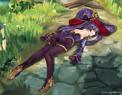 Rule 34 | 1girl, ass, black gloves, black hair, black pantyhose, bodystocking, fainted, fainting, genshin impact, gloves, grass, hat, highres, leotard, long hair, mona (genshin impact), nero augustus, pantyhose, purple leotard, solo, twintails, unconscious, water, witch hat