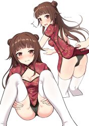 1girl 1other ^^^ black_panties breasts brown_eyes brown_hair cameltoe china_dress chinese_clothes cleavage cleavage_cutout clothes_lift clothing_cutout commentary_request cropped_legs dress feet_out_of_frame highres knees_up medium_breasts multiple_views open_mouth original out_of_frame panties pelvic_curtain pelvic_curtain_lift red_dress short_sleeves simple_background sitting spread_legs thighhighs twitter_username underwear watermark wavy_mouth white_background white_thighhighs yuusa