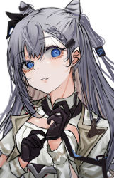 Rule 34 | 1girl, black gloves, blue eyes, braid, cone hair bun, day (user aasx8552), glove pull, gloves, grey hair, hair bun, highres, hololive, hololive indonesia, long hair, looking at viewer, parted lips, simple background, solo, vestia zeta, virtual youtuber, white background