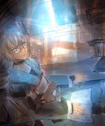 Rule 34 | 1boy, bag, book, curiosities of lotus asia, from above, glasses, male focus, morichika rinnosuke, sitting, solo, sunlight, torii sumi, touhou, window