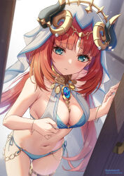 Rule 34 | 1girl, bikini, blue bikini, breasts, chest jewel, circlet, cleavage, door, doorway, fake horns, forehead jewel, genshin impact, green eyes, habit, highres, horns, jewelry, long hair, looking at viewer, low twintails, medium breasts, navel, neck ring, nilou (genshin impact), paid reward available, parted lips, ponnyu12, pov doorway, red hair, solo, stomach, swimsuit, thighlet, twintails, very long hair