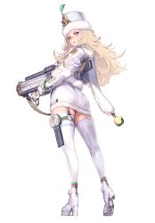 Rule 34 | 1girl, absurdres, ankle boots, ass, blonde hair, boots, breasts, commentary request, detached sleeves, from behind, full body, fur trim, garter straps, gloves, goddess of victory: nikke, hat, high heel boots, high heels, highres, holding, holding weapon, holster, jacket, kim hyung tae, lips, long hair, long sleeves, looking at viewer, looking back, ludmilla (nikke), medium breasts, official art, pantylines, parted lips, platform footwear, project nikke, red eyes, simple background, skirt, thigh holster, thighhighs, weapon, white footwear, white thighhighs