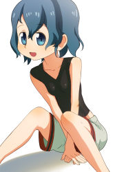 Rule 34 | 10s, 1girl, :d, between legs, black shirt, blue eyes, commentary request, hair between eyes, hand between legs, highres, kaban (kemono friends), kemono friends, no headwear, no headwear, open mouth, sat-c, shirt, shorts, simple background, sitting, smile, solo, undershirt, white background, white shorts