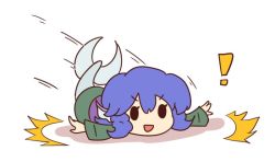 Rule 34 | !, :d, blue hair, fins, fish tail, frown, green kimono, head fins, japanese clothes, kimono, kuruma94, landing, mermaid, monster girl, motion lines, open mouth, outstretched arms, shadow, simple background, smile, solid oval eyes, solo, tail, touhou, wakasagihime
