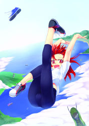 Rule 34 | 1girl, bad id, bad pixiv id, blue leggings, cloud, day, falling, fang, female focus, full body, highres, lake, landscape, leg up, leggings, open mouth, original, outdoors, red eyes, red hair, shoes, short hair, sky, sneakers, solo, spandex, tsuki to kage, tsuki tokage