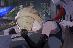 2girls astra_yao bare_shoulders black_gloves black_hair blonde_hair blunt_bangs breasts building chest_harness clad_(hoho718718) closed_eyes commentary_request computer dress elbow_gloves evelyn_chevalier gloves half_gloves harness highres indoors jacket jacket_on_shoulders laptop large_breasts multiple_girls night night_sky out_of_frame paper partially_fingerless_gloves pen red_jacket single_elbow_glove single_half_glove sitting sky skyscraper sleeping sleeping_upright solo_focus standing sticky_note tight_clothes uneven_bangs window zenless_zone_zero