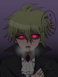 Rule 34 | 1boy, :o, amami rantaro, antenna hair, ascot, blood, blood from mouth, danganronpa (series), danganronpa v3: killing harmony, ear piercing, earrings, fang, gem, gradient background, green hair, hair between eyes, highres, jewelry, looking at viewer, male focus, piercing, pink eyes, ring, short hair, solo, speech bubble, suiren yurei, translation request, vampire, white ascot
