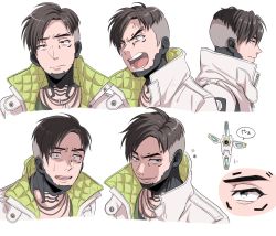 Rule 34 | 1boy, anger vein, animification, apex legends, black eyes, black hair, confused, crypto (apex legends), drone, head tilt, highres, jacket, looking at viewer, looking down, m (mrtarou), male focus, multiple views, open mouth, parted bangs, portrait, shouting, smile, speech bubble, undercut, white background, white jacket