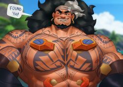 Rule 34 | 1boy, abs, absurdres, bara, beard, black hair, chest tattoo, dark-skinned male, dark skin, elbow gloves, english text, full beard, gloves, highres, huge pectorals, lemz (adrawingpotato), male focus, mature male, mauga (overwatch), muscular, muscular male, overwatch, overwatch 2, solo, strongman waist, tattoo, thick eyebrows, upper body, v-shaped eyebrows