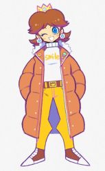 Rule 34 | 1girl, belt, blue eyes, brown coat, brown footwear, brown hair, coat, crown, denaseey, earrings, flower earrings, full body, hands in pockets, highres, jewelry, long hair, looking at viewer, mario (series), nintendo, one eye closed, open mouth, pants, princess daisy, shoes, simple background, smile, solo, standing, super mario land, sweater, white background, white sweater, wink, yellow pants