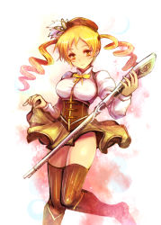 Rule 34 | 10s, 1girl, beret, blonde hair, boots, clothes lift, corset, detached sleeves, drill hair, gun, hair ornament, hairpin, hat, kara (color), magical musket, mahou shoujo madoka magica, mahou shoujo madoka magica (anime), pleated skirt, puffy sleeves, ribbon, rifle, skirt, skirt lift, smile, solo, striped clothes, striped thighhighs, thighhighs, tomoe mami, twintails, vertical-striped clothes, vertical-striped thighhighs, weapon, yellow eyes, zettai ryouiki