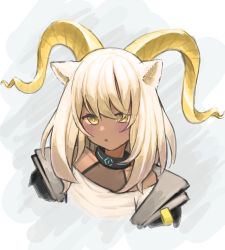 Rule 34 | 1girl, absurdres, animal ears, arknights, bare shoulders, beeswax (arknights), black jacket, blush, brown eyes, collarbone, commentary request, cropped torso, curled horns, hair between eyes, highres, horns, jacket, lobsteranian, long hair, open clothes, open jacket, parted lips, shirt, solo, upper body, white hair, white shirt