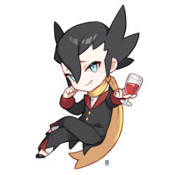 Rule 34 | 1boy, black footwear, black hair, blue eyes, buttons, closed mouth, commentary request, creatures (company), crossed legs, cup, elite four, game freak, grimsley (pokemon), hair between eyes, head rest, holding, holding cup, jacket, korean commentary, liquid, long sleeves, looking at viewer, male focus, mongguri, nintendo, pants, pokemon, pokemon bw, raised eyebrows, scarf, shoes, simple background, smile, solo, spiked hair, white background, yellow scarf