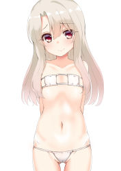 Rule 34 | 1girl, arms behind back, bare arms, bare shoulders, bikini, collarbone, cowboy shot, eyepatch bikini, fate/kaleid liner prisma illya, fate (series), gluteal fold, hair between eyes, head tilt, highres, illyasviel von einzbern, long hair, looking at viewer, navel, red eyes, silver hair, simple background, smile, solo, standing, stomach, swimsuit, toketou, white background