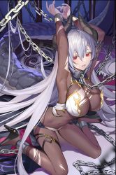 Rule 34 | 1girl, absurdres, bent over, bodystocking, bound, bound wrists, breasts, chain, dragon girl, dragon horns, dragon tail, evertale, high heels, highres, horns, large breasts, looking at viewer, open mouth, prison, red eyes, tail, white hair