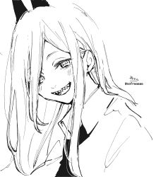 Rule 34 | 1girl, :d, blush, chainsaw man, collared shirt, cross-shaped pupils, greyscale, hair over one eye, highres, long hair, looking at viewer, monochrome, necktie, open mouth, power (chainsaw man), sharp teeth, shirt, signature, simple background, smile, sofra, solo, symbol-shaped pupils, teeth, twitter username, upper body, white background
