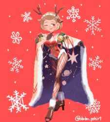 Rule 34 | 1girl, animal ears, ankle warmers, antlers, artist request, blush, boots, breasts, brooch, brown eyes, brown footwear, brown gloves, brown hair, cape, christmas, cleavage, collarbone, deer antlers, deer ears, eyeshadow, fake animal ears, fake antlers, female focus, fire emblem, fire emblem: three houses, fire emblem heroes, fishnet pantyhose, fishnets, full body, fur cape, gloves, highres, horns, intelligent systems, jewelry, large breasts, leotard, lips, makeup, manuela casagranda, matching hair/eyes, mistletoe, mole, nintendo, o-ring, one eye closed, pantyhose, pink eyeshadow, pink lips, planet, planetary ring, red background, red leotard, shiny clothes, shiny skin, short hair, snow, snowflakes, solo, standing, star (symbol), teeth, torn clothes, wink