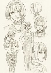Rule 34 | 10s, 1girl, bare shoulders, beret, bob cut, bowler hat, breasts, character sheet, cleavage, dress, earrings, face, facial mark, glasses, gloves, hairband, hat, headband, ishizaki miwako, jewelry, kriem, lips, lipstick, makeup, necklace, necktie, profile, sketch, tattoo, tiger &amp; bunny, traditional media