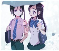 Rule 34 | 1boy, 1girl, futari wa precure, holding, holding umbrella, kiriya (futari wa precure), kojikoji, precure, rain, school uniform, umbrella, yukishiro honoka