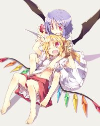 Rule 34 | &gt;:d, 2girls, :d, ;d, barefoot, bat wings, blonde hair, clothes lift, fang, fangs, feet, female focus, flandre scarlet, food, long hair, multiple girls, navel, no headwear, one eye closed, open mouth, pocky, purple hair, remilia scarlet, satou kibi, shirt lift, short hair, siblings, side ponytail, sisters, skirt, smile, tickling, tickling flat chest, toes, touhou, v-shaped eyebrows, wings, wink