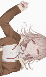 1girl absurdres breasts brown_hair collared_shirt danganronpa_(series) danganronpa_3_(anime) flipped_hair galaga hair_ornament highres hood io_(sinking=carousel) jacket long_sleeves medium_breasts medium_hair nanami_chiaki neck_ribbon open_clothes open_jacket pink_eyes pink_ribbon ribbon shirt solo white_shirt