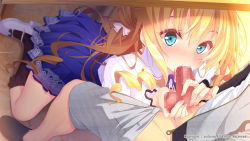Rule 34 | 1boy, 1girl, :&gt;=, aqua eyes, black bow, black socks, blonde hair, blouse, blue skirt, blush, bow, buttons, caressing testicles, censored, clothed sex, clothes pull, company name, copyright notice, cum, cum in mouth, cum overflow, dutch angle, ejaculation, english text, erection, eufonie, eyelashes, eyes visible through hair, fellatio, fingernails, footwear bow, frilled kneehighs, frilled sleeves, frills, from above, game cg, grey jacket, grey shorts, hair between eyes, hair bow, handjob, hanidebi! honey &amp; devil, hayakawa harui, head out of frame, hetero, high-waist skirt, indoors, jacket, kamikawa yuuto, kneehighs, kneeling, lace, lace-trimmed skirt, lace trim, licking, licking penis, long hair, long sleeves, looking at another, mary janes, mosaic censoring, nishinozono kaoruko, nose blush, on floor, open clothes, open jacket, oral, orgasm, penis, pleated skirt, precum, raised eyebrows, ringlets, sakura misaki (sakura densetsu), saliva, shirt, shirt tucked in, shoes, shorts, shorts pull, sidelocks, sitting, skirt, slippers, socks, solo focus, sunlight, sweat, testicles, text focus, tile floor, tiles, tongue, tongue out, two side up, under table, unzipped, very long hair, watermark, white bow, white footwear, white shirt, wide-eyed, wing collar