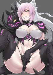 Rule 34 | 1girl, abs, agrius metamorphosis, ahoge, animal ears, atalanta (fate), atalanta alter (fate), belt collar, black collar, braid, breasts, breasts apart, buckle, claws, clenched teeth, collar, colored sclera, commentary, covered erect nipples, english commentary, fangs, fate/grand order, fate (series), female masturbation, french braid, fur, gradient hair, green eyes, grey background, grey hair, hair between eyes, head tilt, large breasts, long hair, looking down, masturbation, mikoyan, multicolored hair, navel, pale skin, pink hair, pussy juice, scowl, shiny skin, sidelocks, simple background, sitting, slit pupils, solo, spread legs, sweatdrop, tail, teeth, toned, trembling, tusks, v-shaped eyebrows, v-shaped eyes, yellow sclera