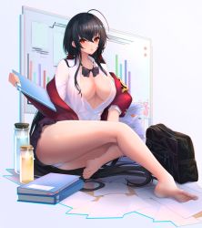 Rule 34 | 1girl, absurdres, ahoge, armband, azur lane, bar graph, bare legs, barefoot, binder, black bag, black bow, black bowtie, black hair, black skirt, bottle, bow, bowtie, breasts, cleavage, crossed bangs, feet, full body, hair between eyes, hair ribbon, highres, holding, holding notebook, jacket, kangaruu (momotk1109), large breasts, legs, long hair, looking at viewer, notebook, off shoulder, panties, paper, parted lips, red eyes, red jacket, red ribbon, ribbon, shirt, sidelocks, sitting, skirt, solo, taihou (azur lane), taihou (sweet time after school) (azur lane), thighs, twintails, unbuttoned, unbuttoned shirt, underwear, very long hair, white background, white panties, white shirt, whiteboard, yellow armband