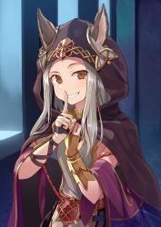 Rule 34 | 1girl, blush, brown eyes, cloak, ears through headwear, erune, finger to mouth, granblue fantasy, grin, hand on own chest, head tilt, hinami (hinatamizu), long hair, looking at viewer, md5 mismatch, resolution mismatch, scathacha (granblue fantasy), silver hair, smile, solo, source smaller