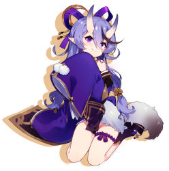 Rule 34 | 1girl, blush, closed mouth, detached sleeves, fang, hair ribbon, horns, long sleeves, looking at viewer, mole, mole under mouth, nijisanji, pointy ears, purple eyes, purple hair, purple ribbon, ribbon, rindou mikoto, seiza, sharlorc, sitting, sleeves past wrists, smile, solo, virtual youtuber